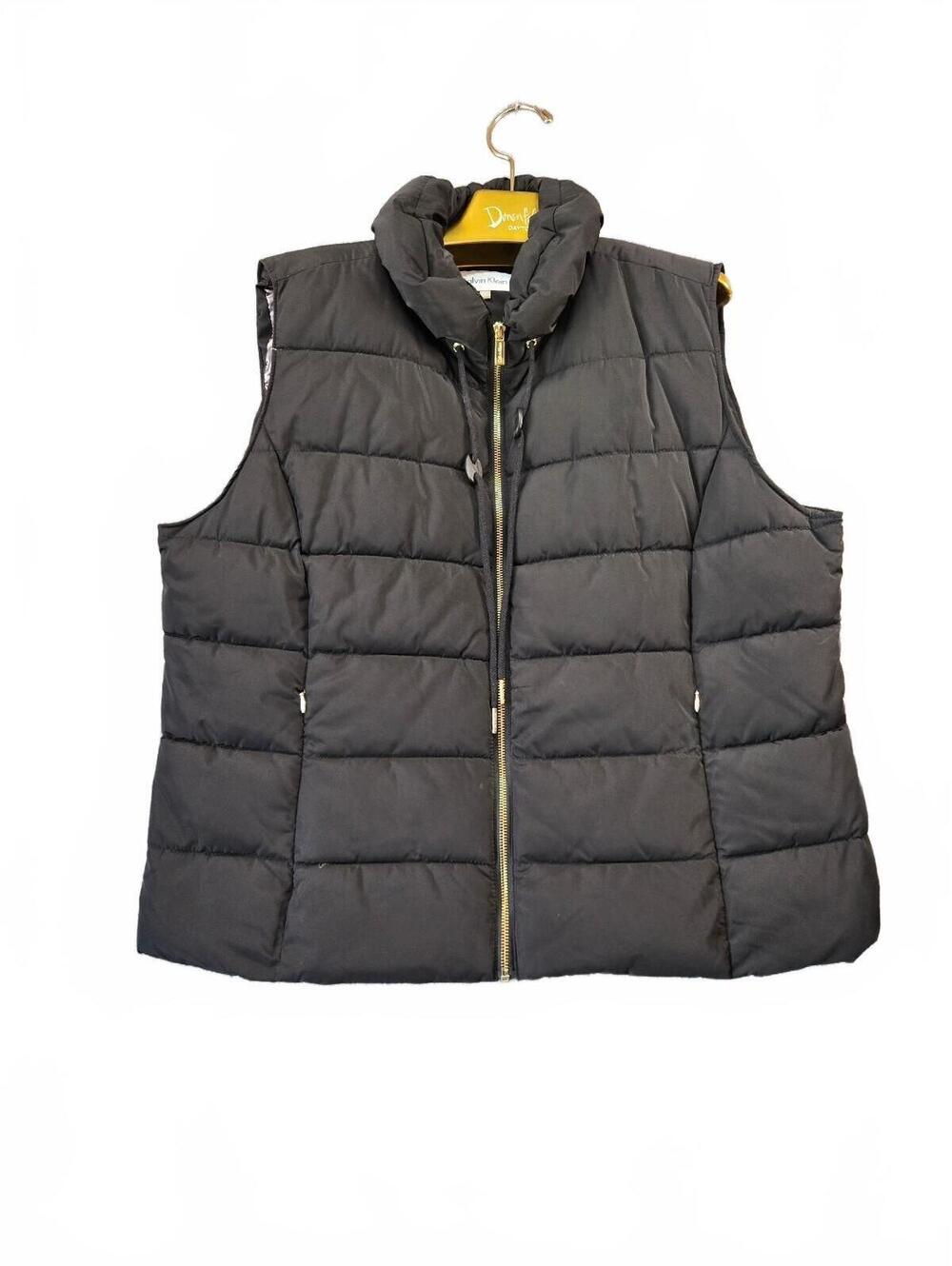 Calvin Klein Women's Plus Size 1X Black Puffer Vest Gold Zip Quilted Gilet